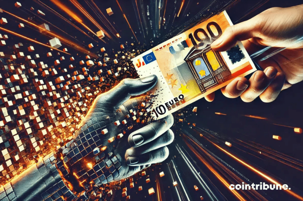 A digital hand pulling out a bill held by a hand of blood and flesh. Illustrates the end of cash.