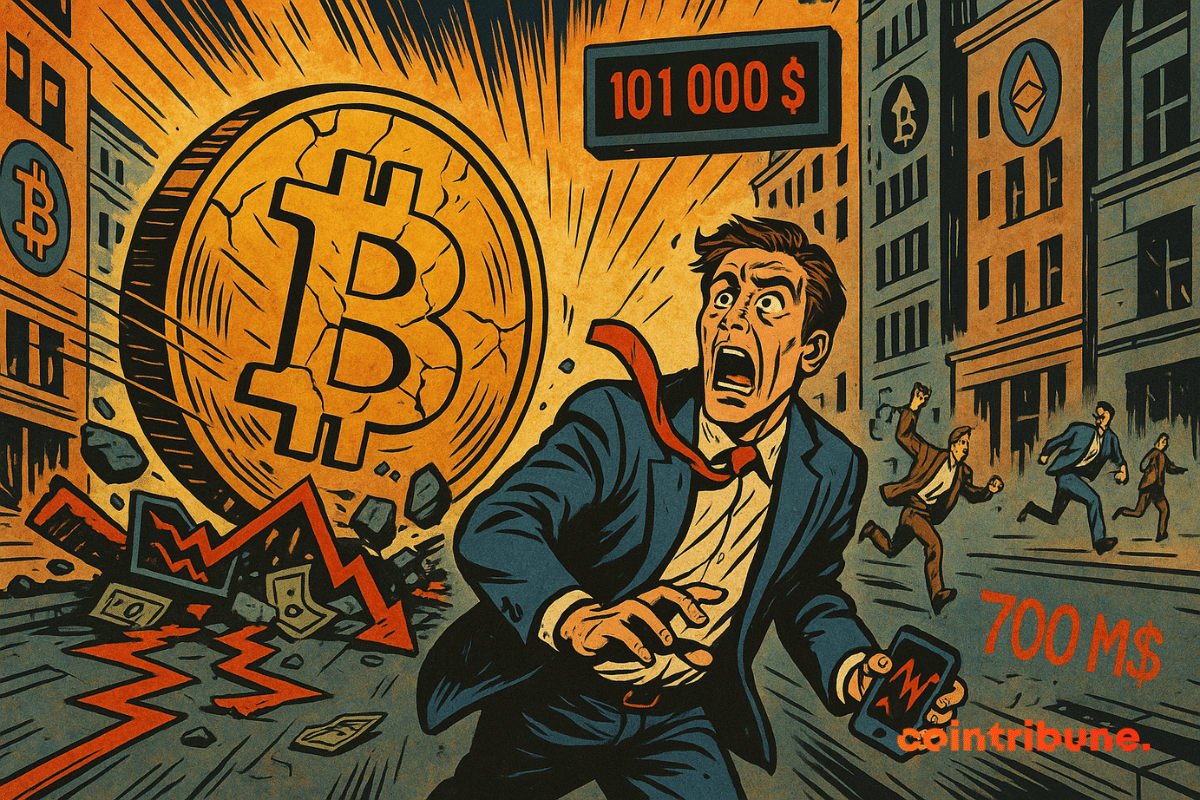 n trader d'une quarantaine d’années, costume bleu marine en lambeaux, cravate qui vole, est au premier plan. Une pièce géante de Bitcoin (style classique, dorée avec le symbole ₿ bien visible), craquelée, roule à toute allure en écrasant au passage des écrans de bourse et des billets. Des morceaux de graphiques rouges volent en éclats sous son passage.