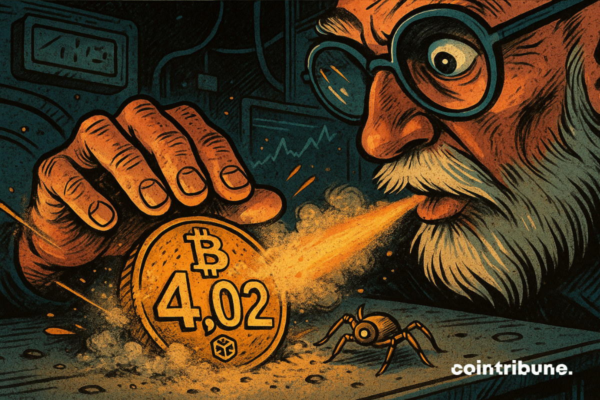 Illustration of a bearded old man blowing on a dusty Bitcoin coin, revealing the number 4.02 engraved in large letters.