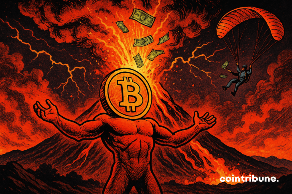 An erupting volcano with Bitcoin coins ejected from the top.