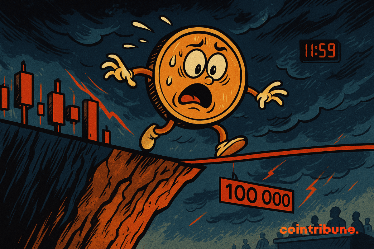 Le Bitcoin personnifié, une pièce dorée avec bras et jambes, yeux écarquillés, en déséquilibre sur la ligne du 100 000 $, figurée comme un fil rouge suspendu ce qui symbolise l'effondrement possible liée à la publication des données sur l'inflation US.