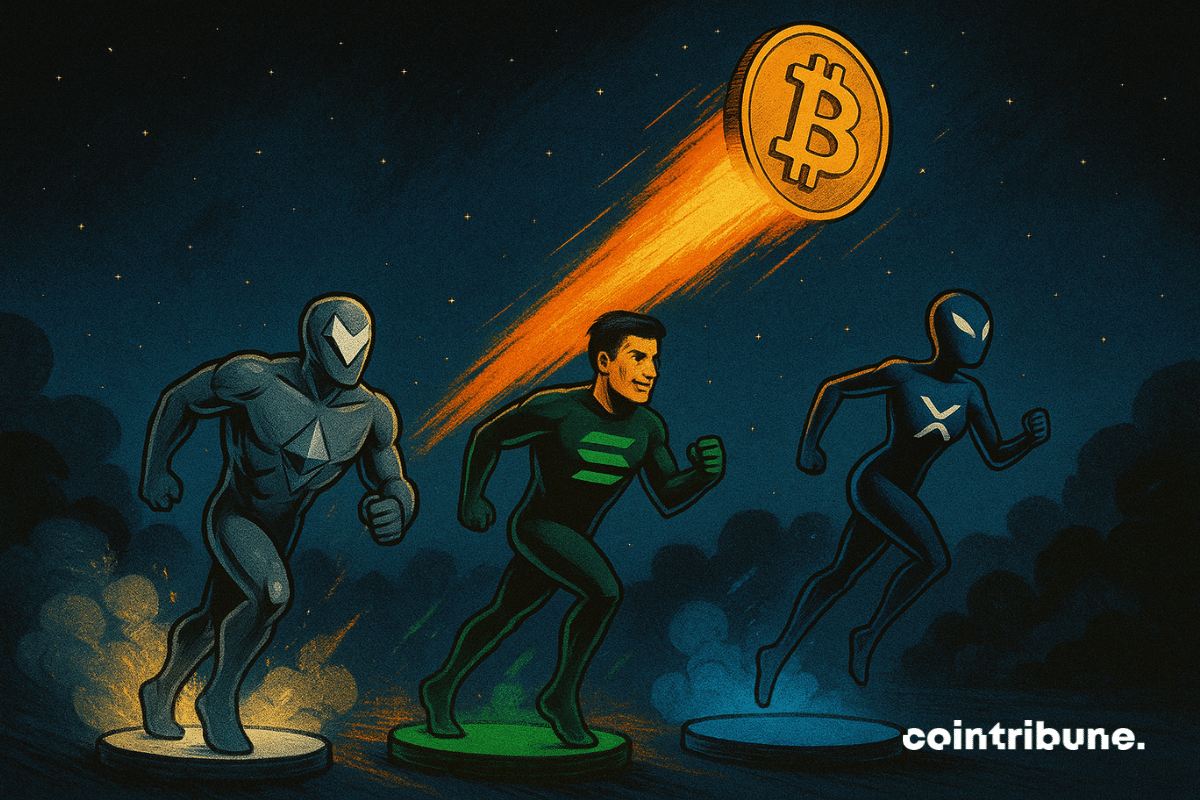 Three altcoin superheroes prepare to launch as Bitcoin soars upward in a fiery trail.