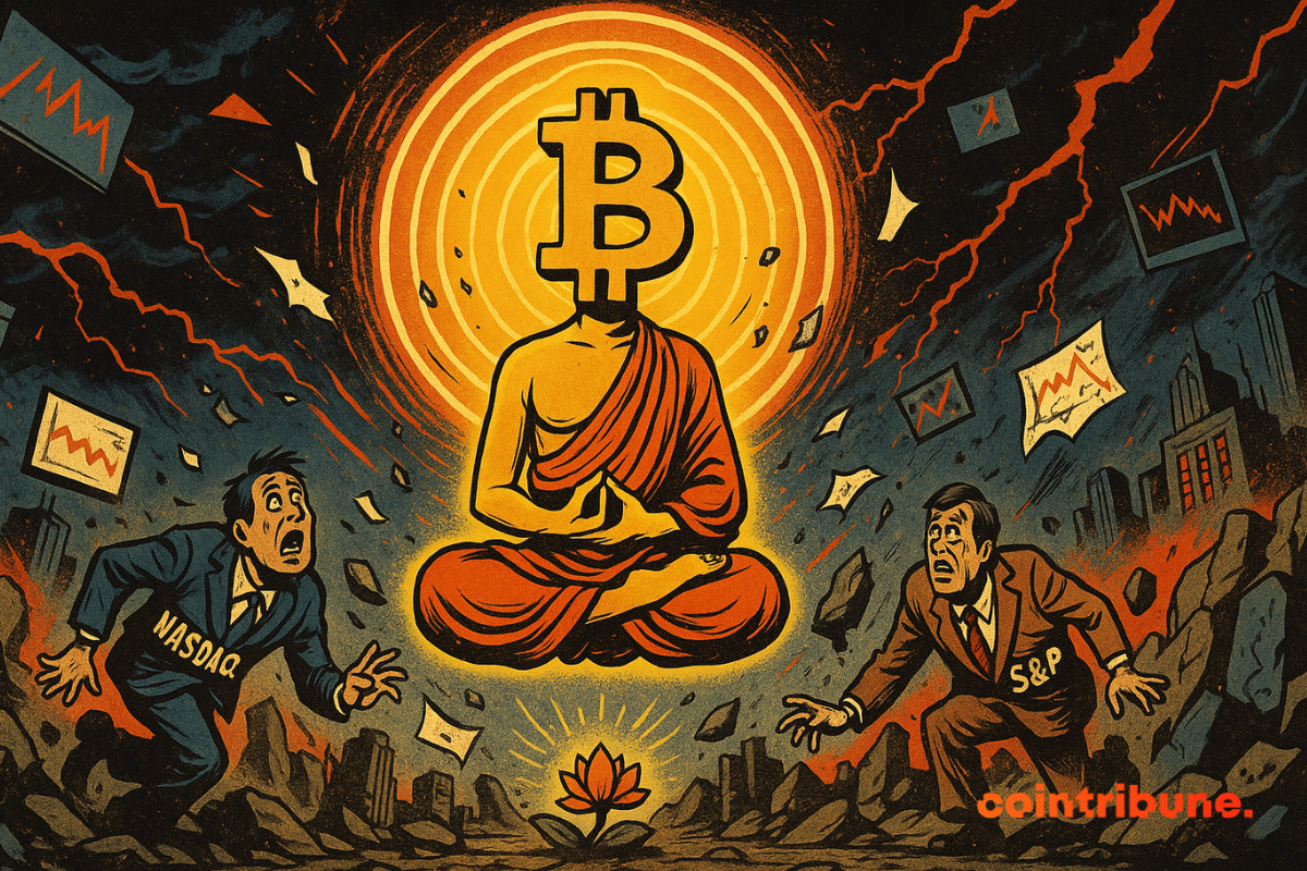 Le Bitcoin personnifié, toujours en moine, mais cette fois lévitant légèrement au-dessus du sol, jambes croisées en position de méditation ce qui symbolise la baisse de la volatilité.