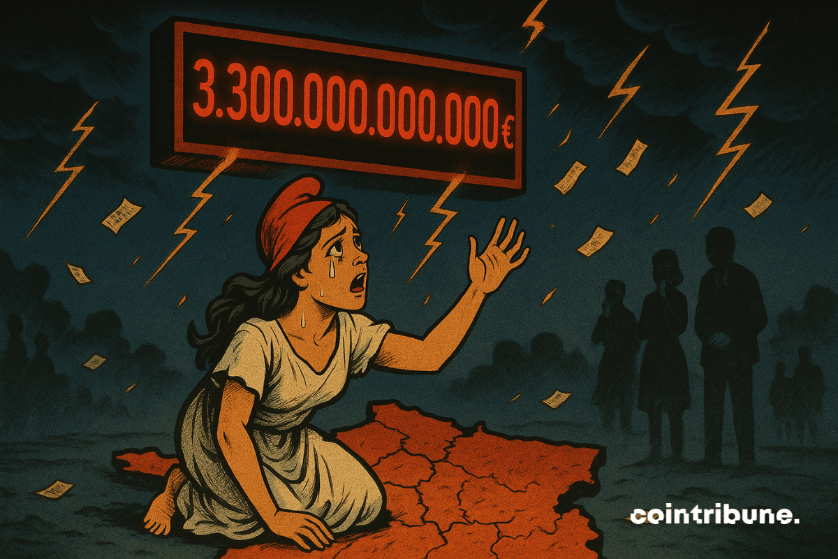 La Marianne francesa de rodillas, quejándose de una deuda de 1,300 billones.