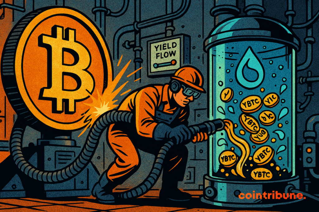 Une pièce Bitcoin géante est fixée à une structure métallique. À droite, une cuve en verre stylisée avec le logo de Sui se remplit de jetons YBTC brillants.
