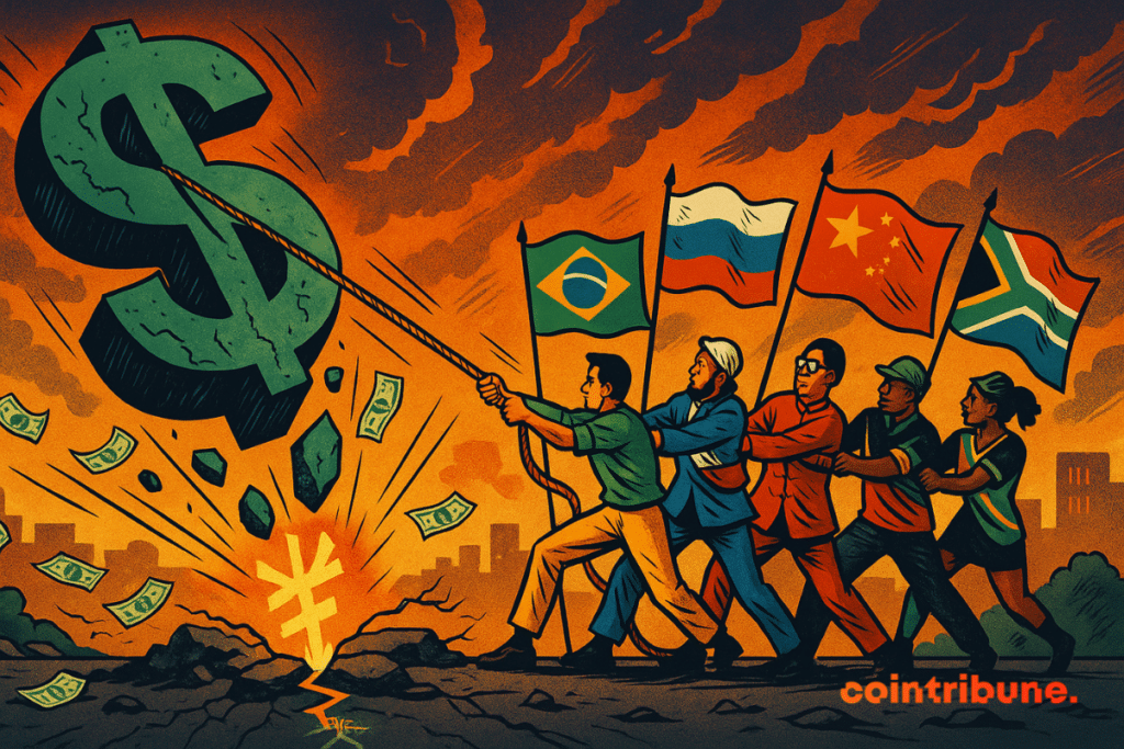 Cinq figures symbolisant les BRICS (Brésil, Russie, Inde, Chine, Afrique du Sud)