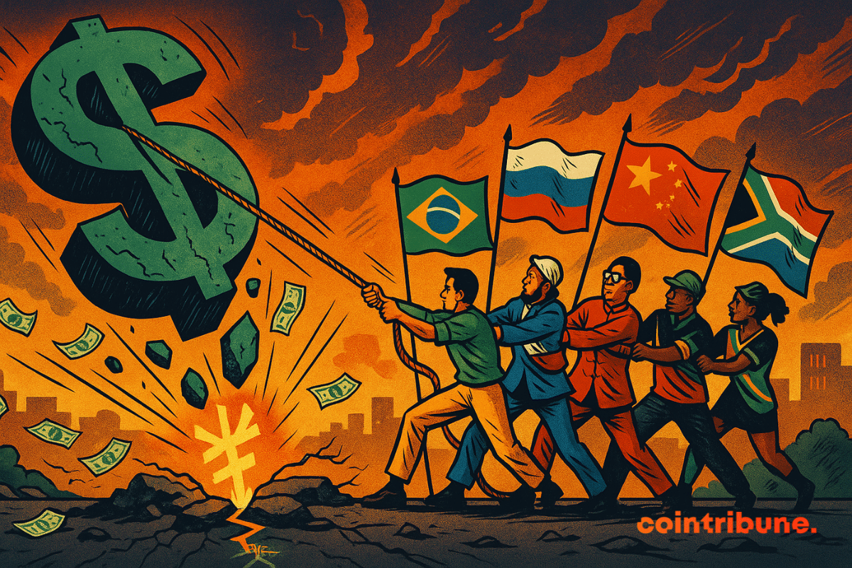 Cinq figures symbolisant les BRICS (Brésil, Russie, Inde, Chine, Afrique du Sud)