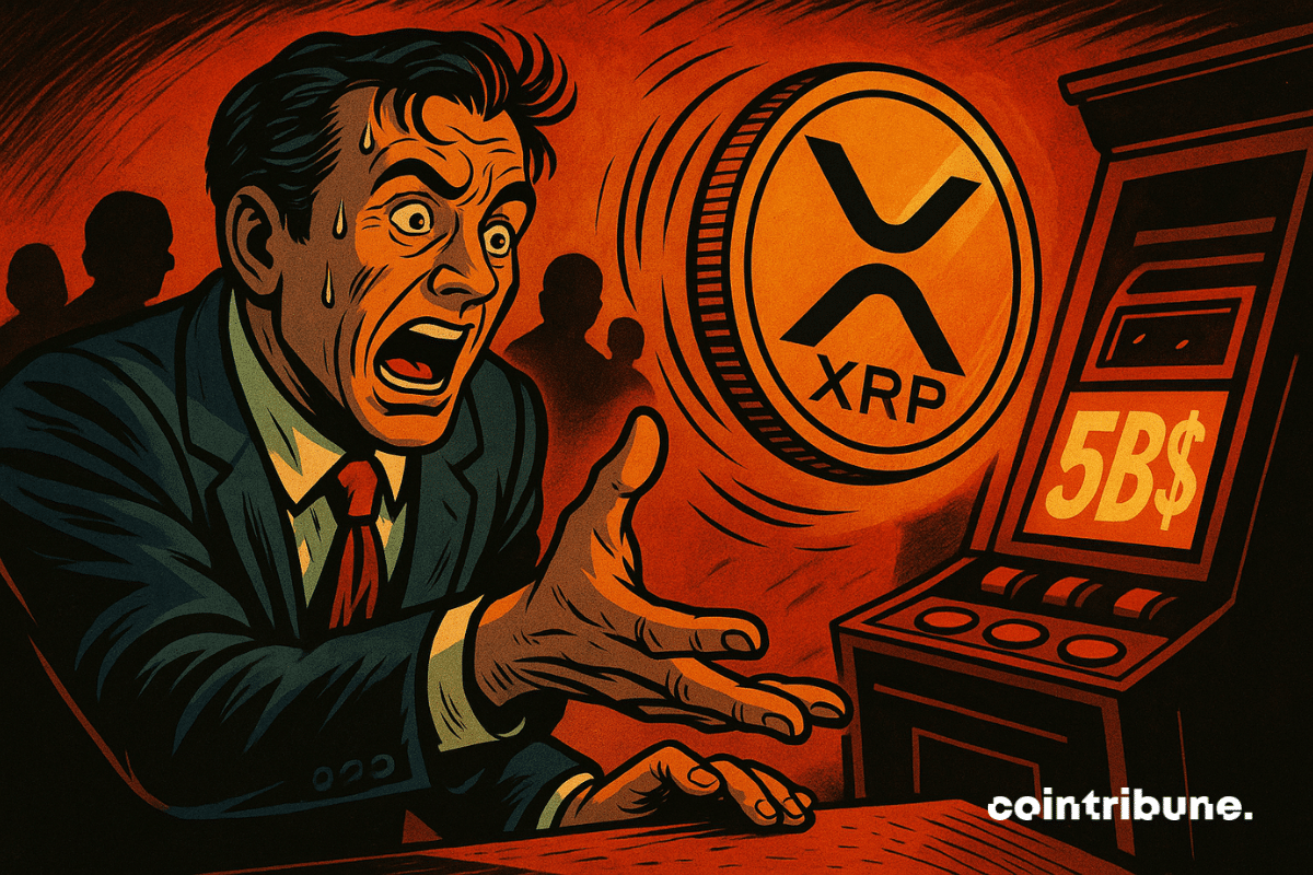 Trader in a casino, tossing an XRP coin on a  billion slot machine