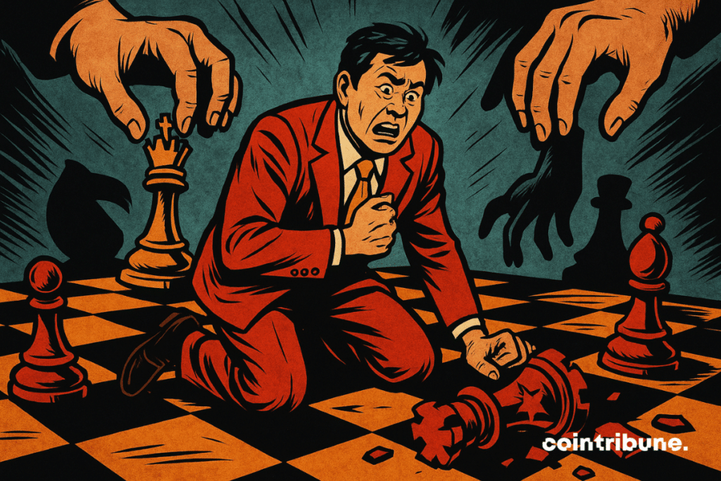 Chinese individual kneeling on a geopolitical chessboard