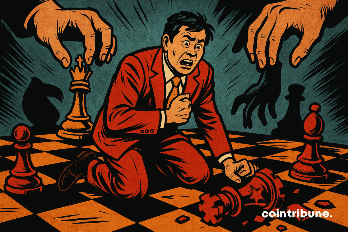 Chinese individual kneeling on a geopolitical chessboard