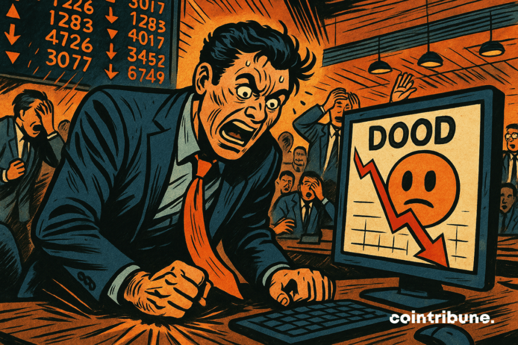 Traders affolés, l'un frappant la table de son point, en voyant un écran affichant la chute de DOOD
