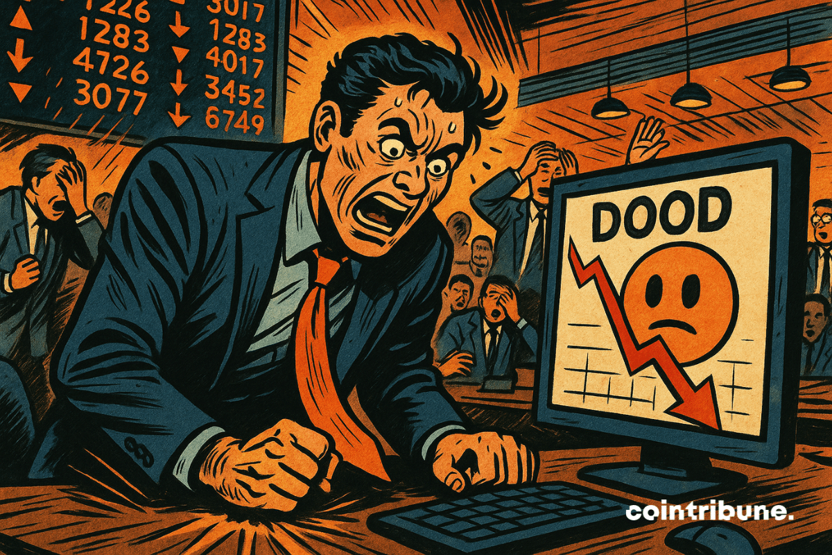 Traders affolés, l'un frappant la table de son point, en voyant un écran affichant la chute de DOOD
