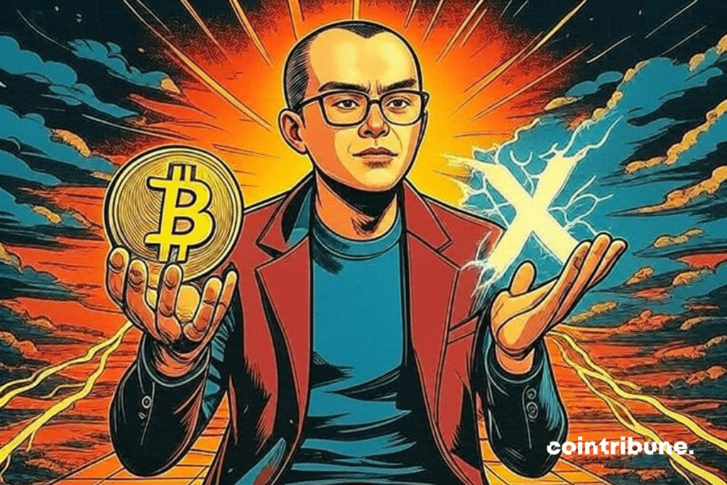 CZ holding the bitcoin logo in one hand and the X logo in the other.