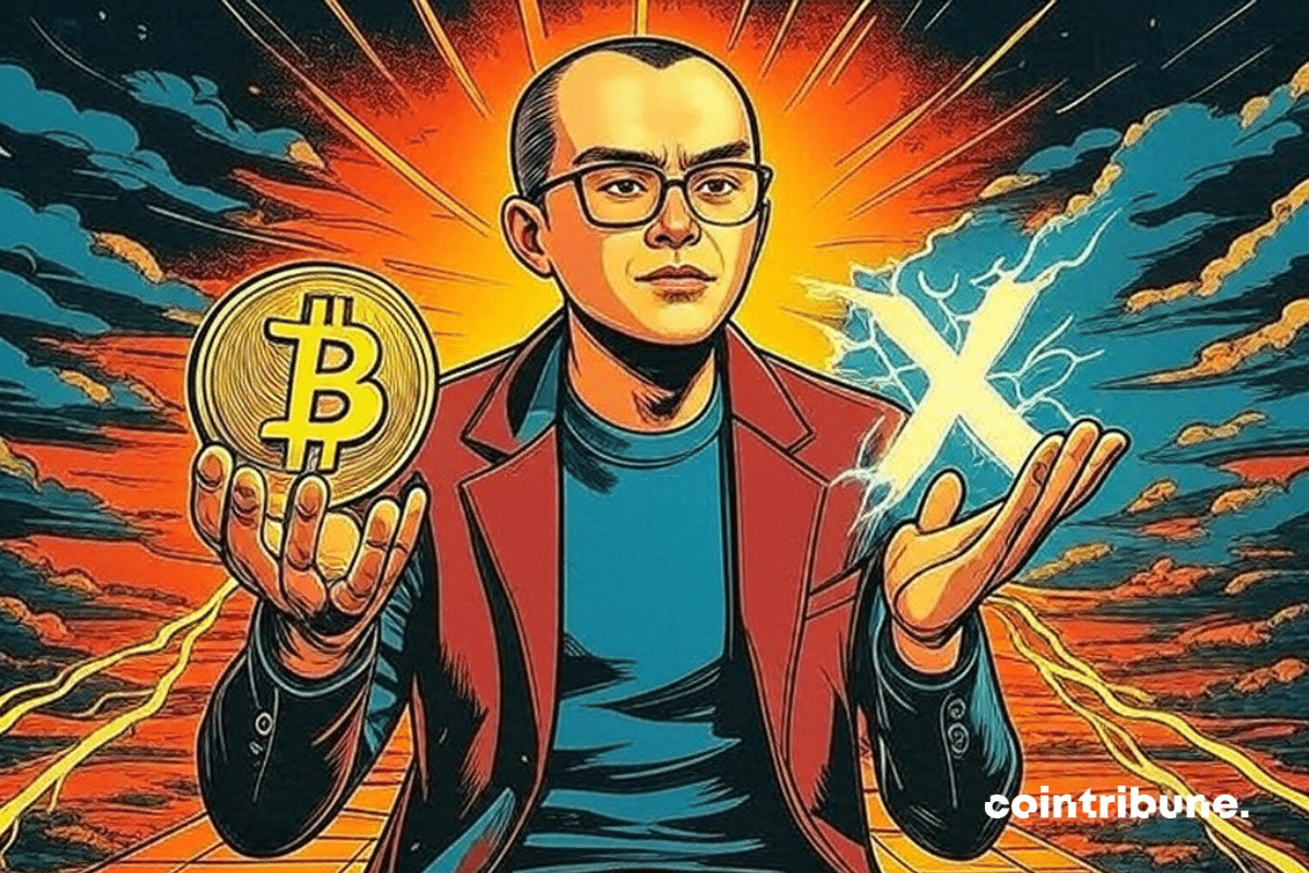 CZ tenant entre une main le logo de bitcoin et l'autre le logo de X