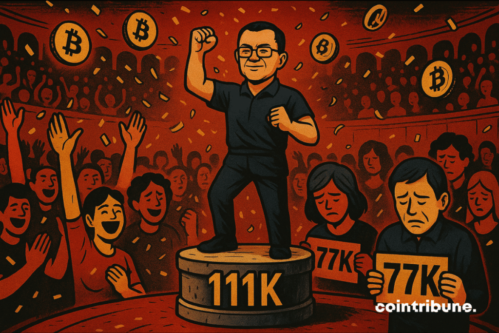CZ standing and cheering on Bitcoin holders.