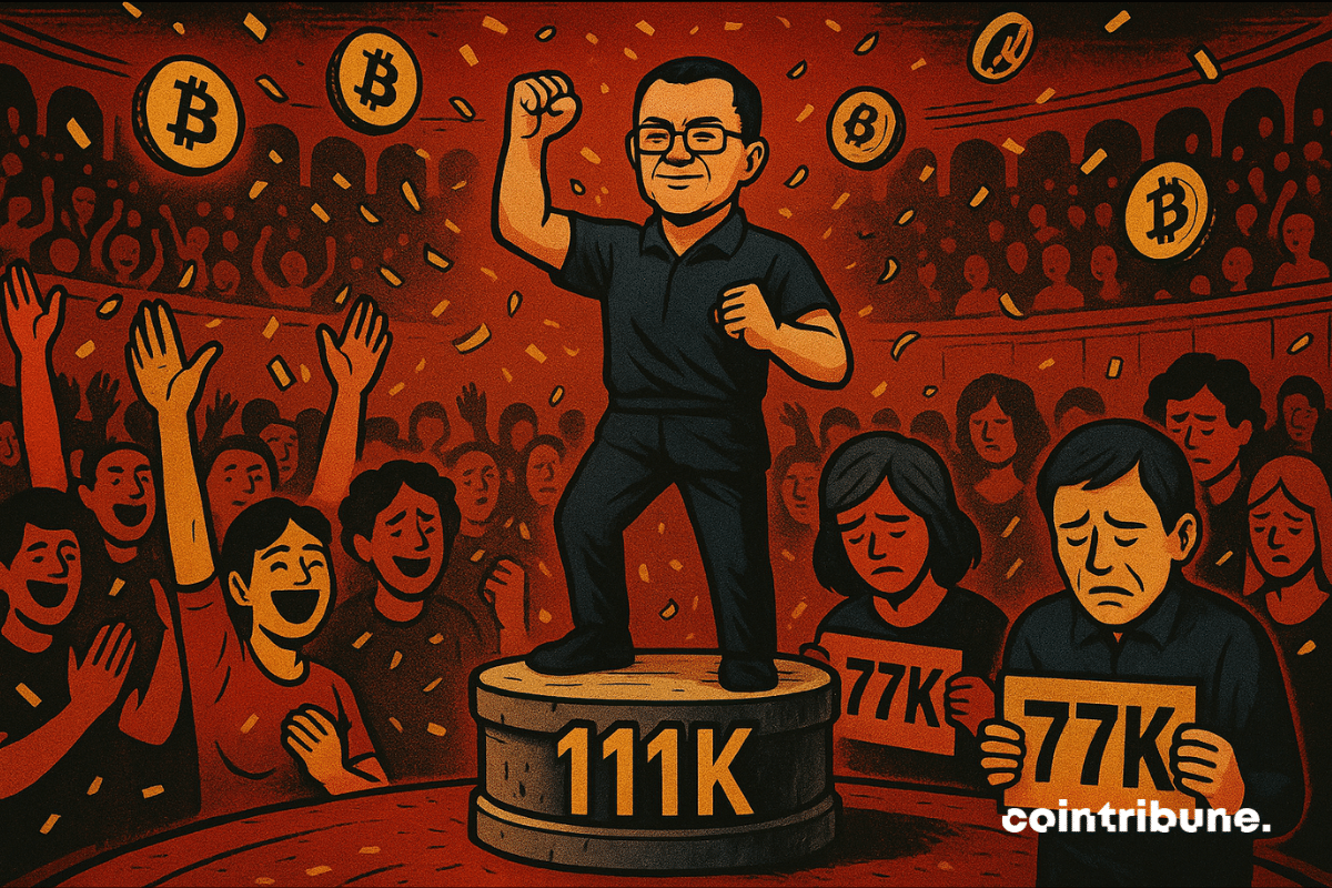 CZ standing and cheering on Bitcoin holders.