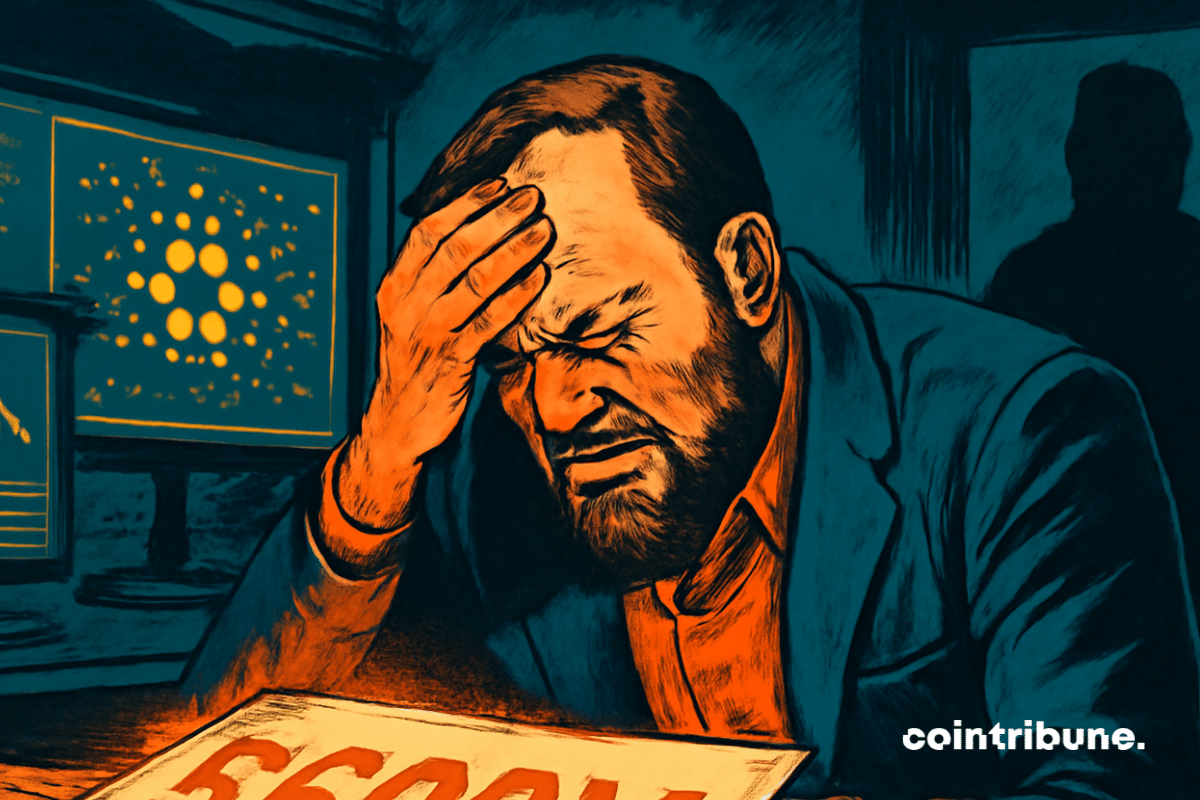 The image shows a man in the crypto sphere with a face marked by moral pain, sitting at a dark desk.