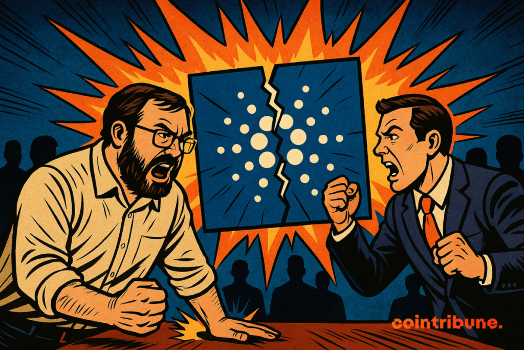 Two men arguing with a cracked Cardano logo between them.