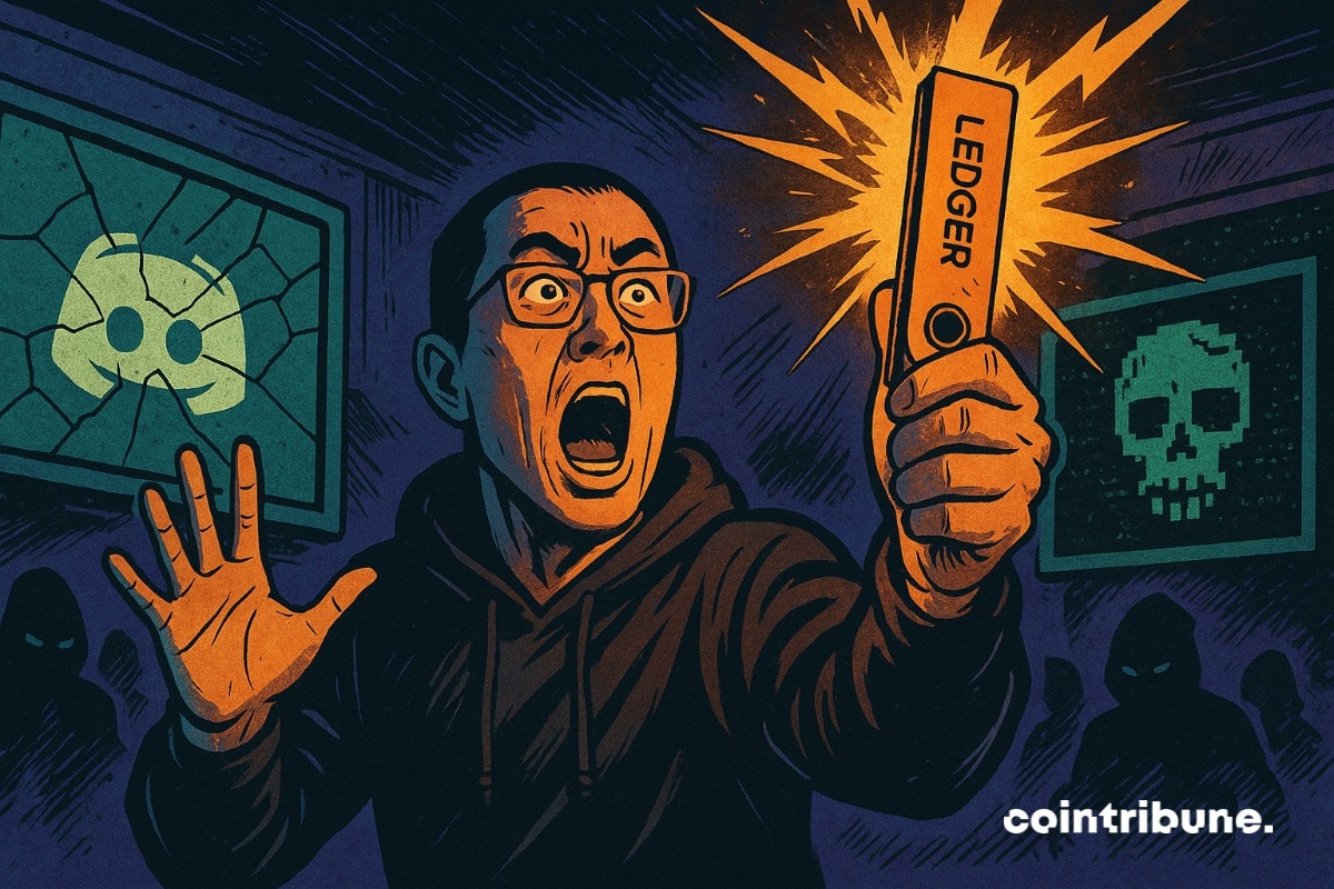 Changpeng Zhao qui hurle des recommandations pour se protéger contres le phishing après le piratage de Ledger sur Discord. Il a en main une clé Ledger.