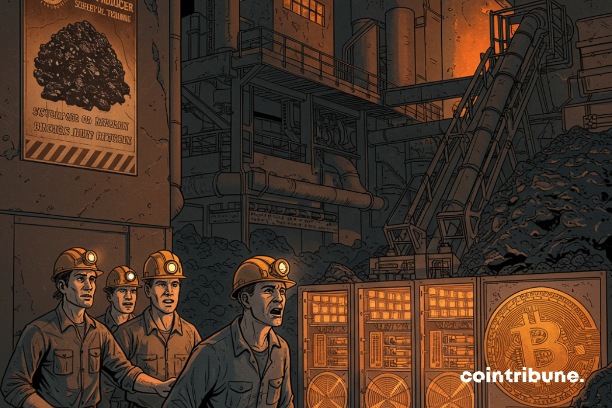 Illustration des mineurs qui découvrent une opération secrète de minage de bitcoin dans une mine de charbon en activité.