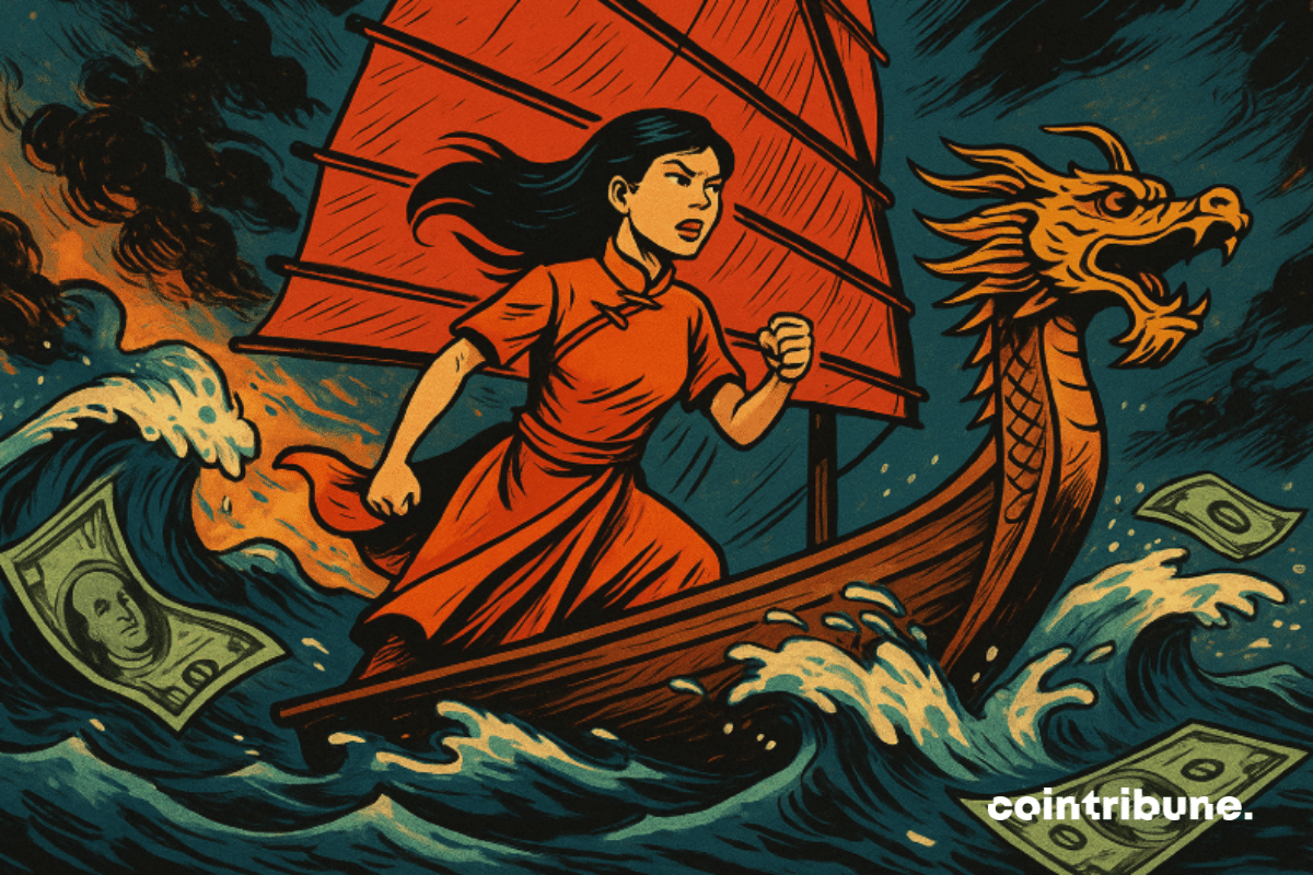 Illustration d'une jeune femme asiatique défiant une mer agitée de billets de dollar, à la proue d’un navire-dragon — symbole d'une économie asiatique en pleine ascension.