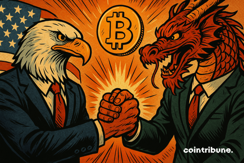 El águila estadounidense y el dragón chino se dan la mano, Bitcoin brilla, simbolizando el optimismo criptográfico.