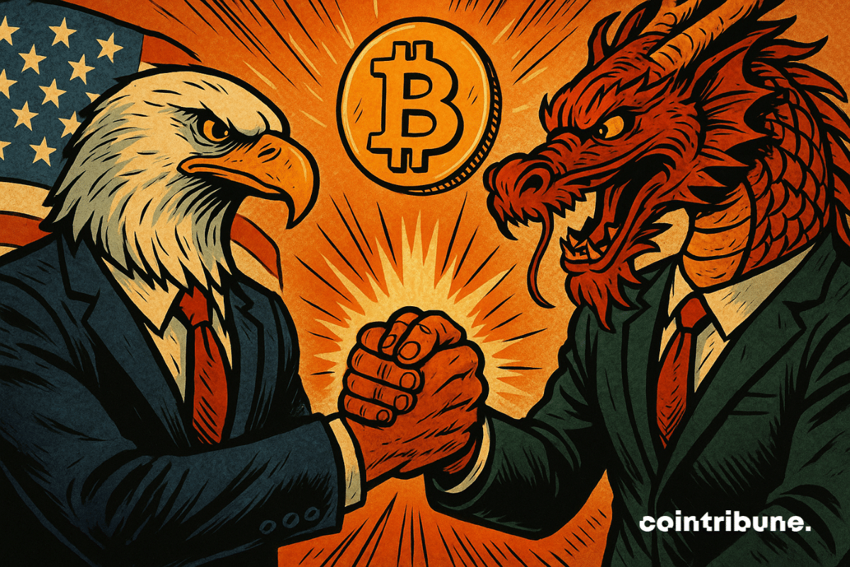 U.S. eagle and Chinese dragon shake hands, Bitcoin glowing, symbolizing crypto optimism.