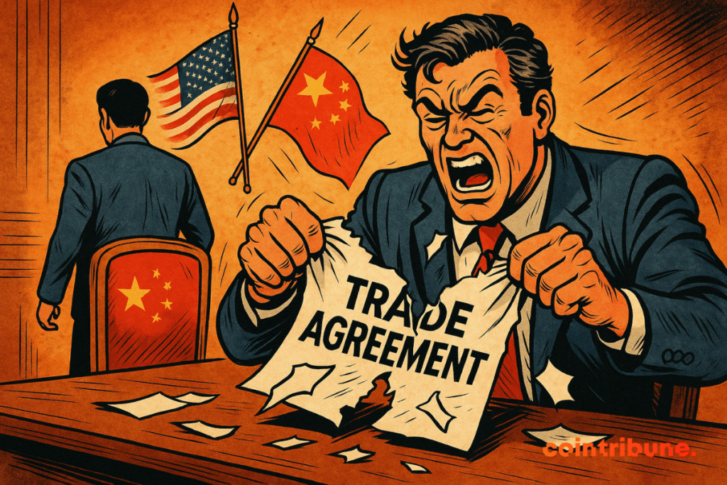 Illustration of a furious diplomat tearing up a contract entitled “TRADE AGREEMENT” in front of a Chinese representative from behind.