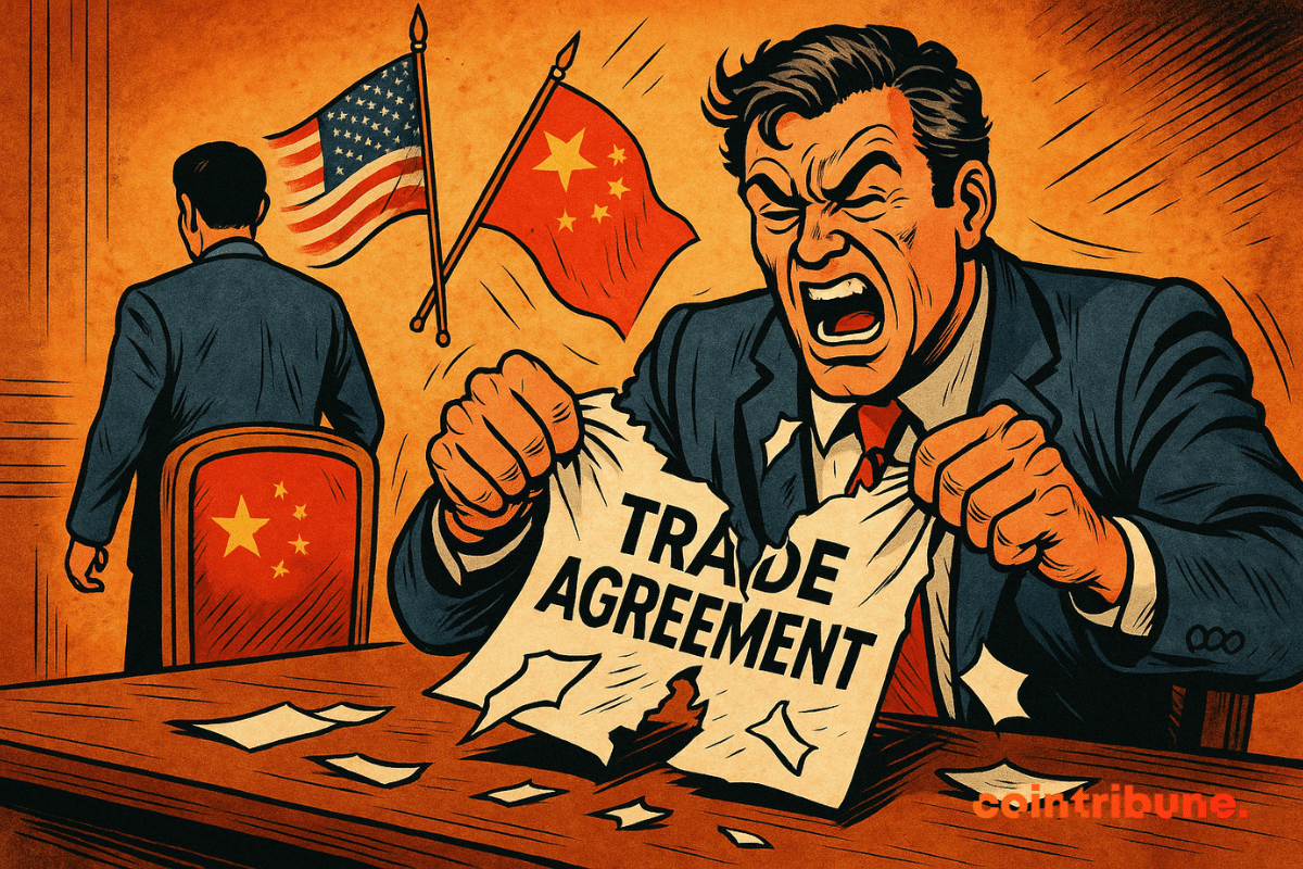 Illustration d'un diplomate furieux déchire un contrat intitulé "TRADE AGREEMENT" devant un représentant chinois de dos.