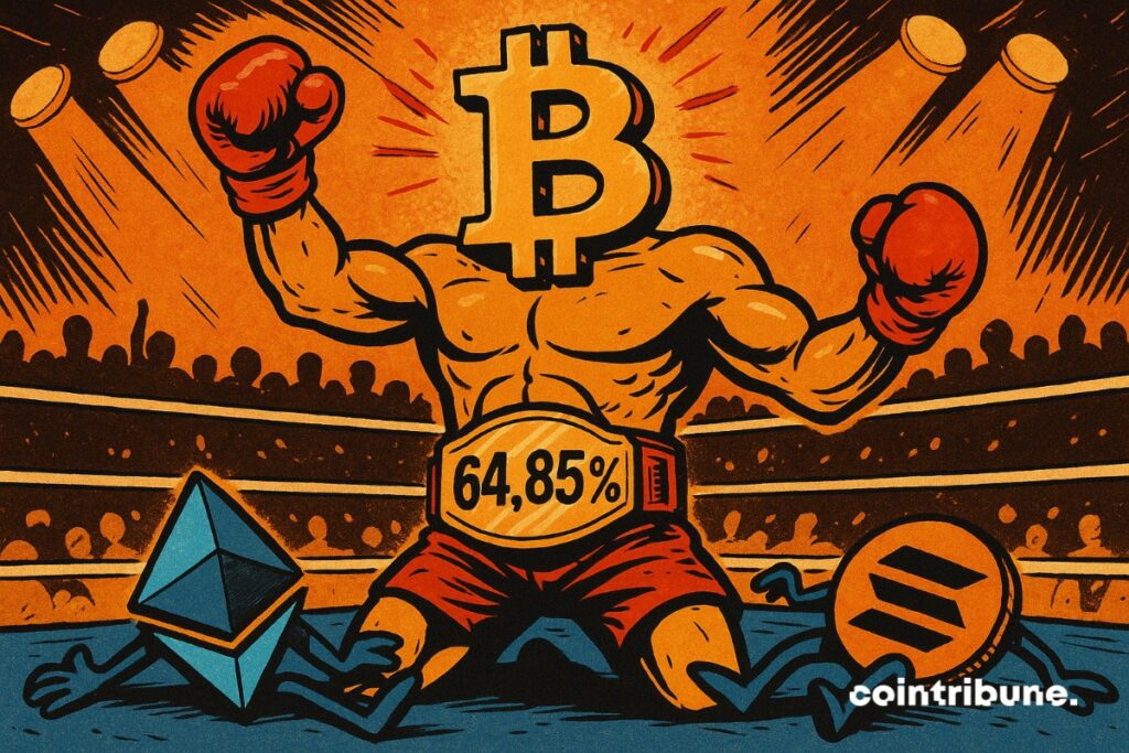 Le Bitcoin vainqueur sur le ring avec une domination de 64,85 % sur les Altcoins ethereum et Solana essoufflés.