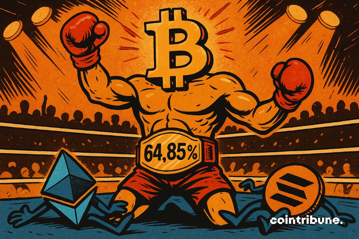 Le Bitcoin vainqueur sur le ring avec une domination de 64,85 % sur les Altcoins ethereum et Solana essoufflés.