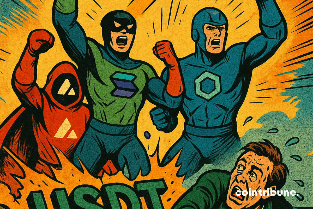 Illustration de Trois super-héros incarnant Solana, Avalanche et Chainlink surgissent avec puissance du sol fissuré marqué "USDT".