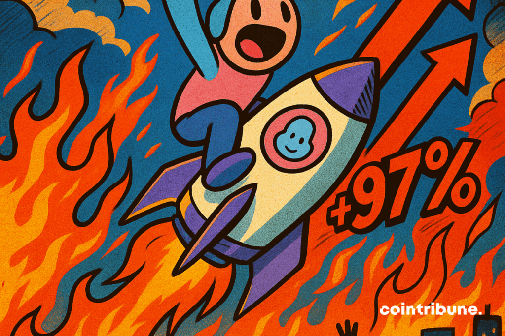 A euphoric Doodle character flies away clinging to a flaming rocket marked