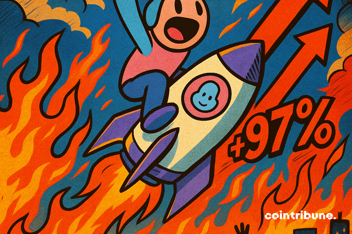 Un personaje Doodle eufórico vuela aferrado a un cohete en llamas marcado "+97%".