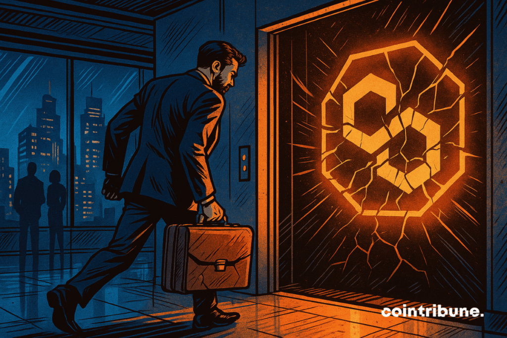 Illustration of Mihailo Bjelic preparing to walk through a shattered Polygon logo door.