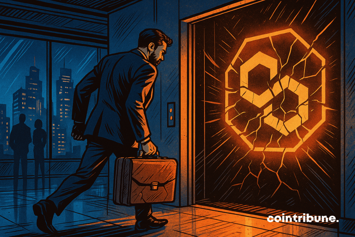 Illustration de Mihailo Bjelic s'apprêtant à traverser une porte au logo de Polygon fracassée