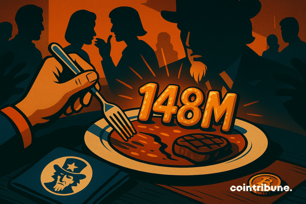 Illustration of a dish with 8 million written on it, with shadows of the president and his guests.