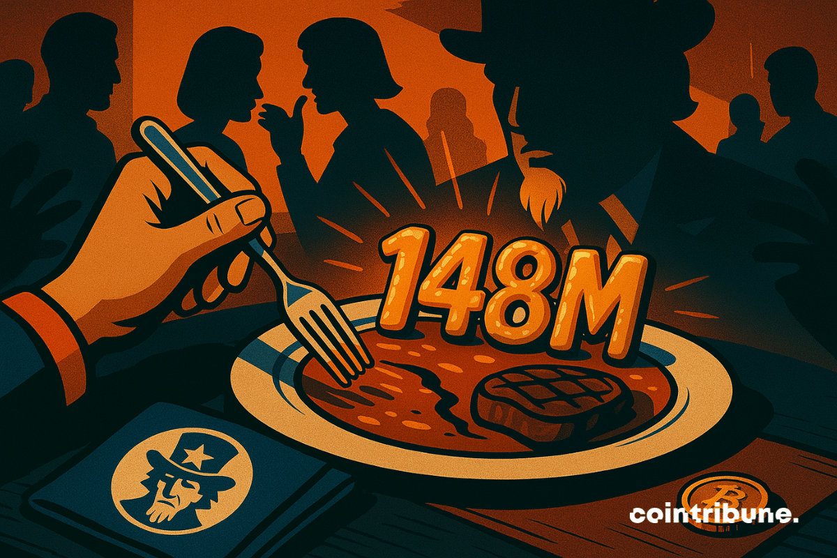 Illustration of a dish with $148 million written on it, with shadows of the president and his guests.