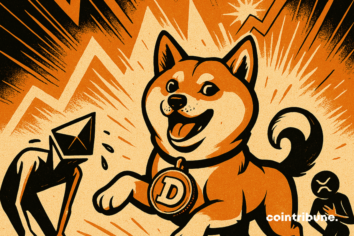 Perro Shiba inu delante de antropomorfos con cabezas que llevan los logotipos de XRP y Ethereum.