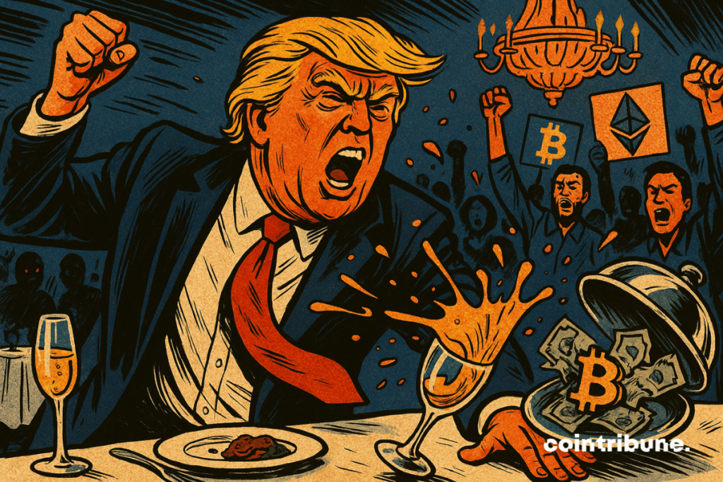 Illustration of an angry Trump and a burning crypto on a splattered plate.