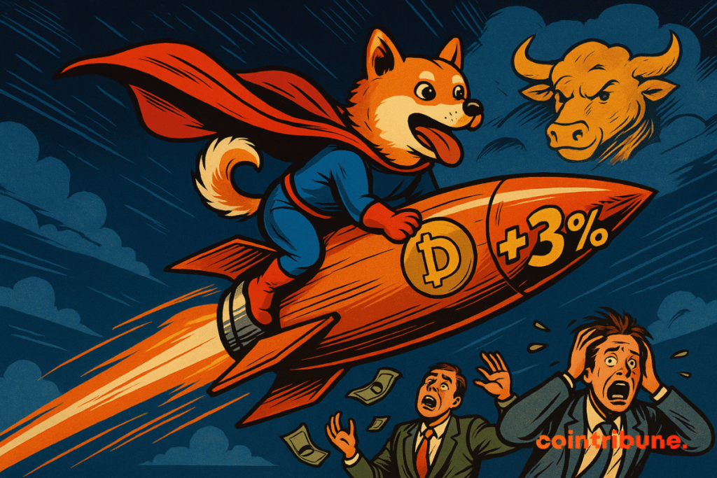 A cartoon Shiba Inu in a superhero costume rides a rocket labeled “+3%” and Dogecoin logo, soaring through the sky as panicked traders watch from below. A bullish symbol appears in the clouds.