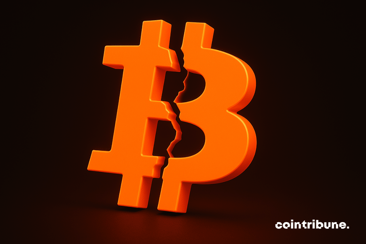 Um símbolo laranja de bitcoin, dividido em dois, em um fundo preto.