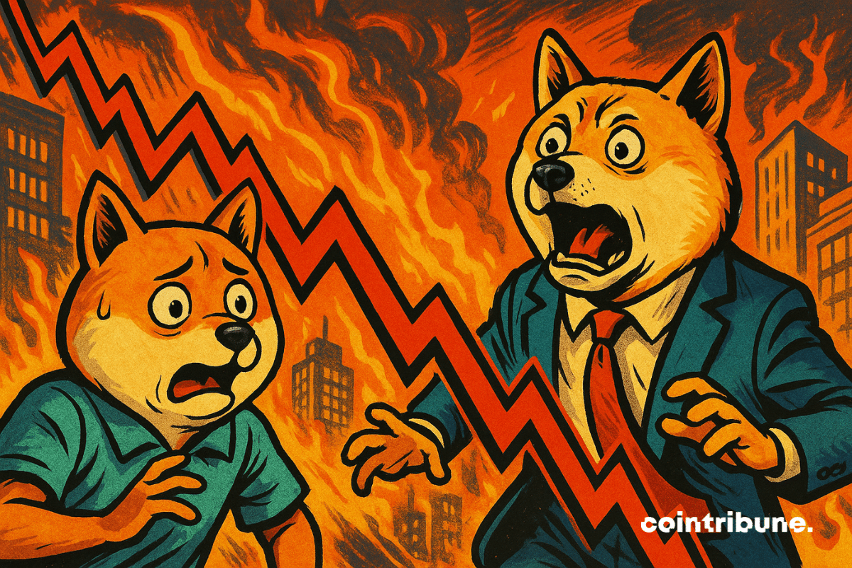 Illustration of cryptos Dogecoin and Shiba Inu reacting with fright to a falling red curve.