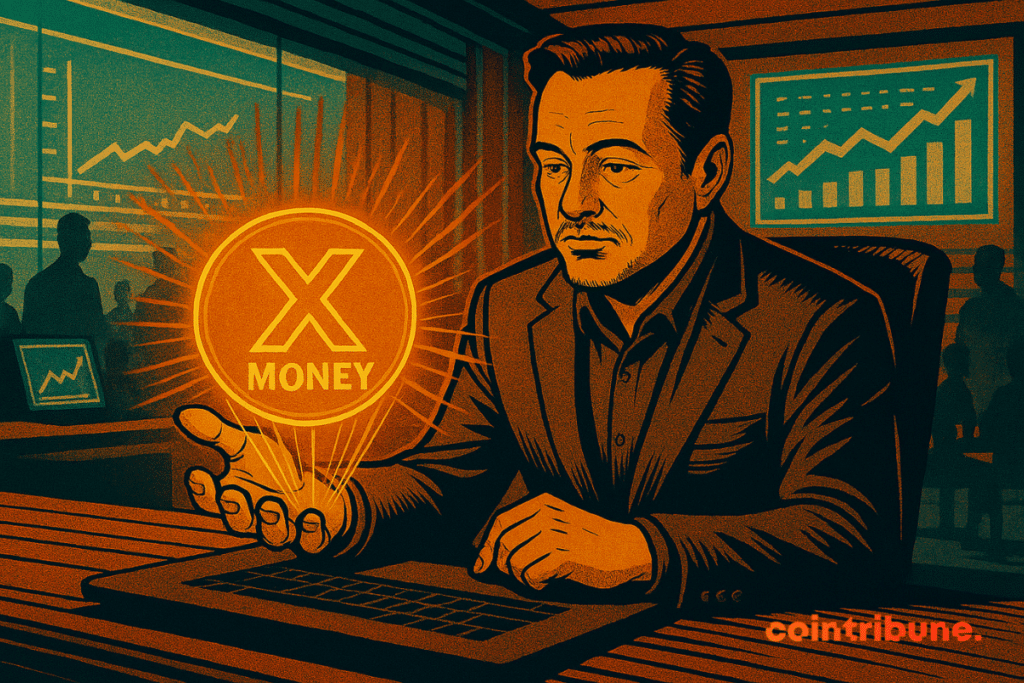 Illustration of Elon Musk in an office holding an X Money hologram in his hand.