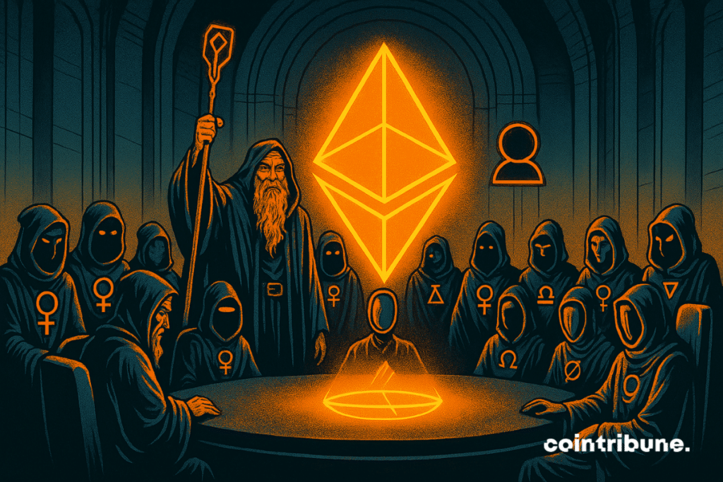 A group of masked people gathered around an Ethereum hologram, with infinity and vortex symbols