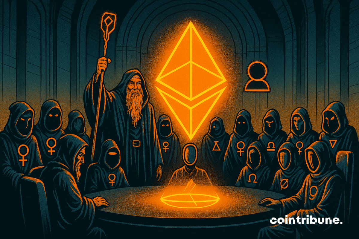 Assemblé de gens masqués réunis autour d'un hologramme Ethereum, avec des symboles de l'infini et de vortex