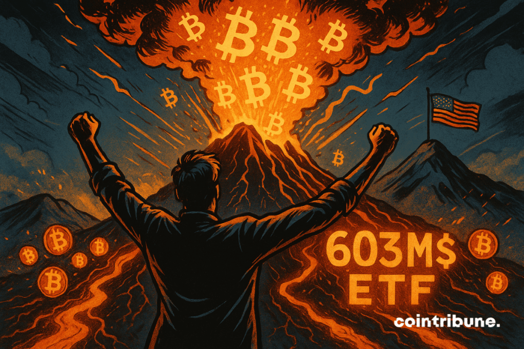 Individual contemplating a butcoin volcano eruption with record ETF figure at 3 million