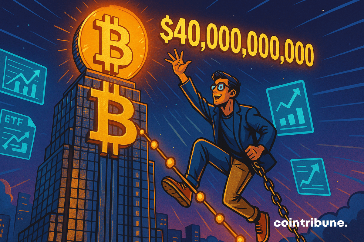 Un trader crypto jeune, dynamique, au look mi-geek mi-broker (blazer ouvert sur t-shirt, lunettes à reflets de graphique, baskets) escalade la façade du gratte-ciel à l’aide de chaînes graphiques. Le sommet du gratte-ciel forme un énorme logo Bitcoin (₿) doré, rayonnant comme un soleil numérique.