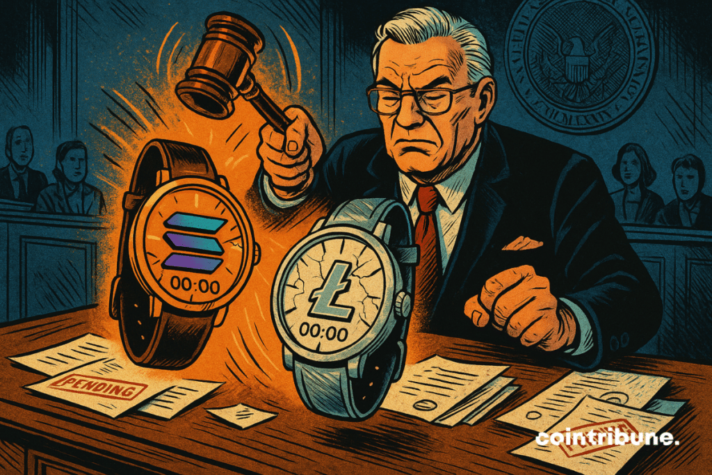 Une salle d’audience figée dans le Temps ce qui symbolise le report des décisions de la SEC relatives aux ETF crypto de Solana et Litecoin.