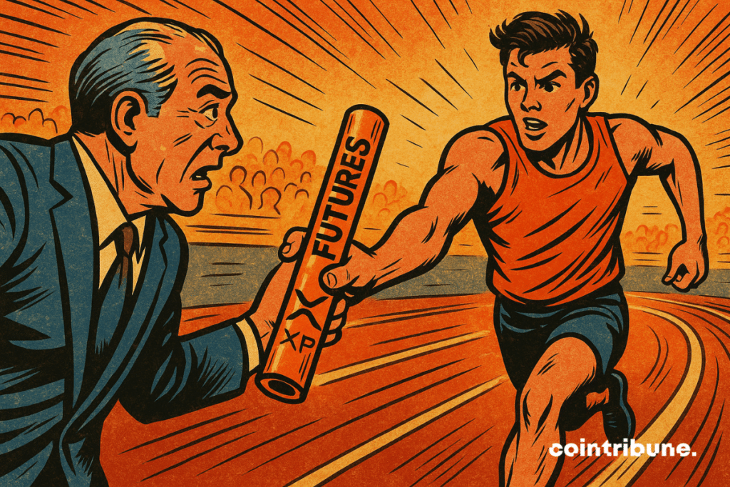 Un banquier sérieux tend un " bâton ETF " au logo XRP à un jeune trader crypto bondissant.